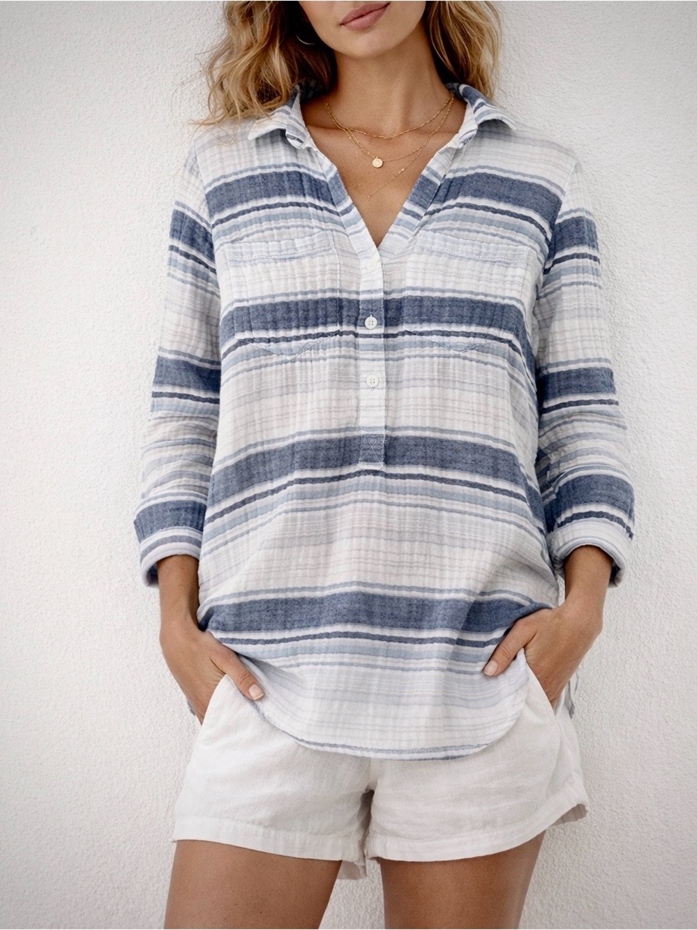 Beachlunchlounge 100% Cotton Coastal White/Blue Striped Gauze Popover Tunic XS - Picture 3 of 10